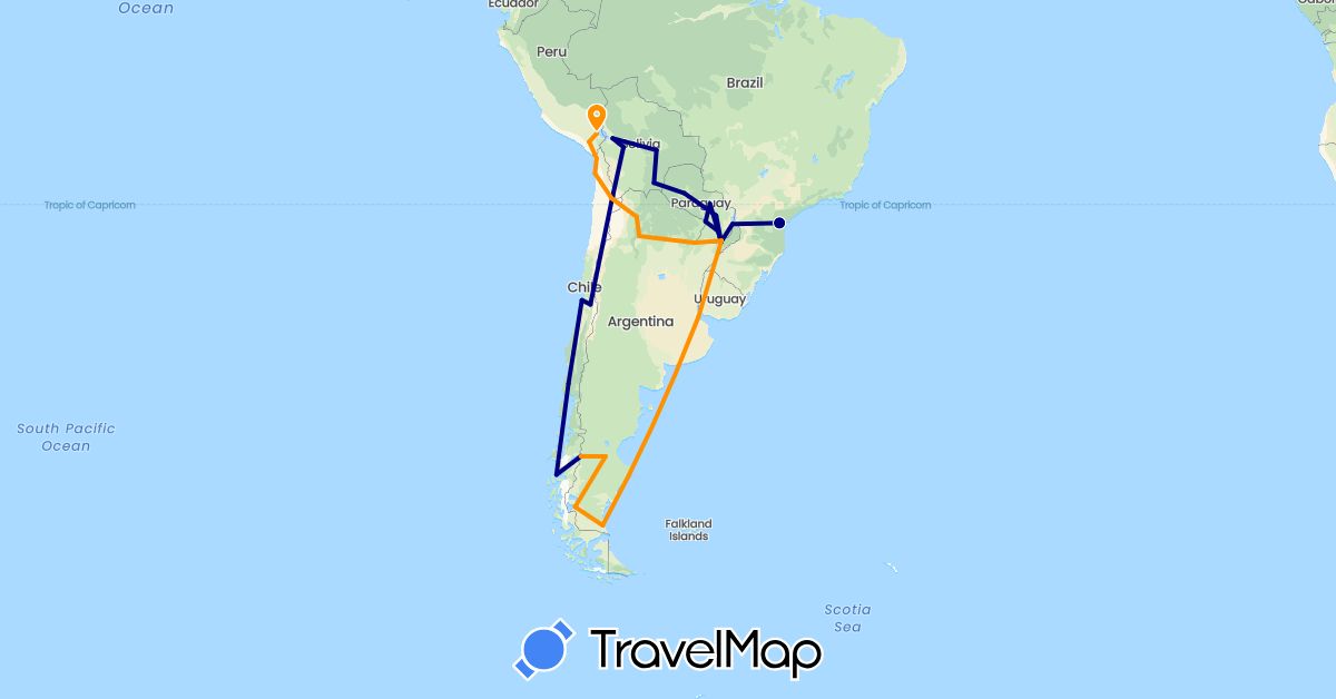 TravelMap itinerary: driving, hitchhiking in Argentina, Bolivia, Brazil, Chile, Peru, Paraguay (South America)